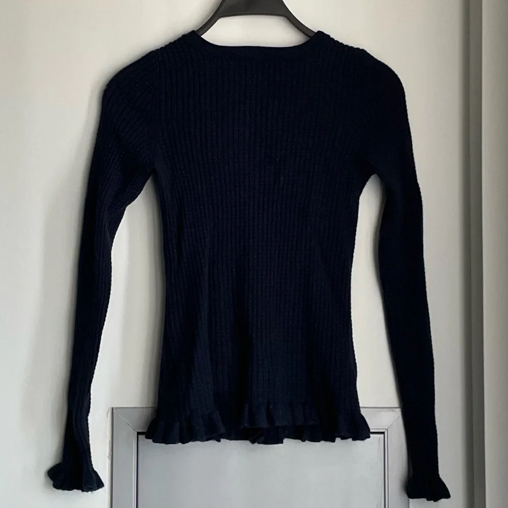 JUICY COUTURE Navy Ribbed Button-Up Cardigan with Ruffles - Picture 3 of 9